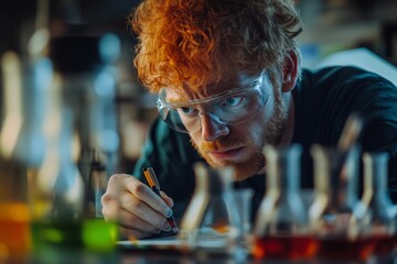 Focused Scientist Conducting Experiment with Colorful Chemicals in a Lab Setting