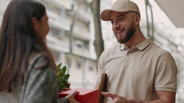Bearded courier delivering a fresh flower bouquet, asking for signature confirmation to a happy female client in an outdoor setting.