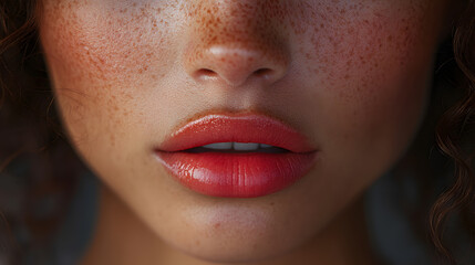 Fototapeta premium Close up view of beautiful black skin woman lips. Fashion make up, beauty injections concept, cosmetology