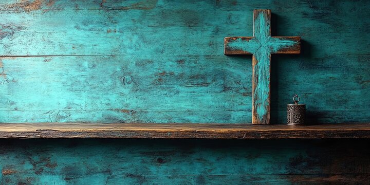 A rustic wooden shelf with a weathered teal background featuring a large wooden cross and a decorative brass ornament.
