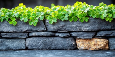A lush green foliage of clover leaves spilling over a rough stone wall, showcasing a vibrant contrast between nature and stone.