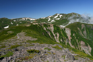 大雪山 黒岳登山 黒岳山頂からの残雪期の景色