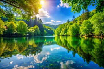 Fototapeta premium Serene Lake Woodlands Surrounded by Lush Green Trees and Reflective Water Under Clear Blue Sky