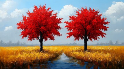 Fototapeta premium Two vibrant red trees stand sentinel over a tranquil stream winding through a golden field, under a sky painted with wisps of white clouds.