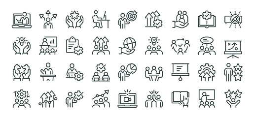 Workshop, team building, coaching meeting icons pack. Such line signs as business education, online learning, managing and motivation. Vector icons set for web and app in outline editable stroke.