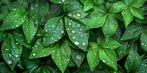 Fototapeta premium A close-up of leaves with water droplets clinging to them