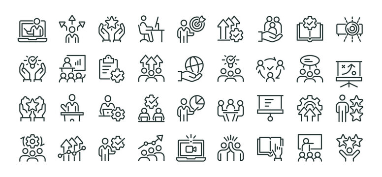 Workshop, team building, coaching meeting icons pack. Such line signs as business education, online learning, managing and motivation. Vector icons set for web and app in outline editable stroke.