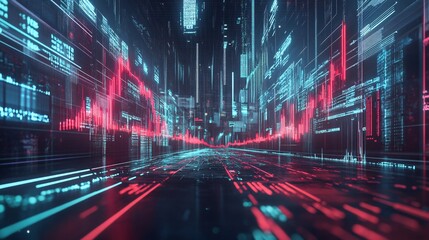 Fototapeta premium Digital Decline: Holographic Business Crisis in a Dark Tech World - Concept of Price Drop and Futuristic Financial Impact