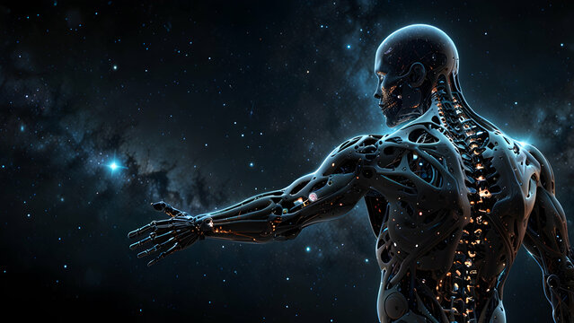 Humanoid in space with stars and nebula