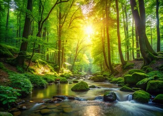 Obraz premium Serene Landscape of Lush Green Forest with Sunlight Filtering Through Leaves and a Calm Stream
