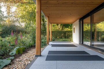 Calming yoga space outdoors with natural light and peaceful surroundings.