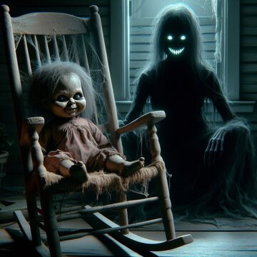 Chilling scene of an unsettling doll sitting in an old rocking chair, accompanied by a shadowy ghostly figure in the background. The dark and creepy atmosphere makes this image ideal for horror and