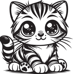 Obraz premium Cute kitten illustration, black and white vector art, big eyes, playful pose, stylized stripes, cartoon style