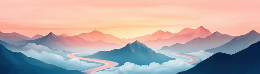 Fototapeta premium Fantasy ambiance with a cloudscape concept. Stunning landscape view showcasing mountains, a winding river, and a vibrant sunset gradient, perfect for nature-themed projects
