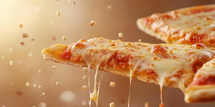 Delicious slice of cheesy pizza with melted cheese dripping, perfect for food lovers and culinary enthusiasts.