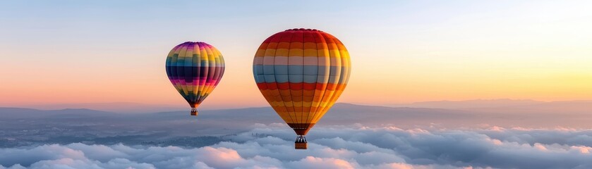 Sky scene with floating hot air balloons concept. Two vibrant hot air balloons gracefully float above clouds during a breathtaking sunset, embodying freedom and adventure
