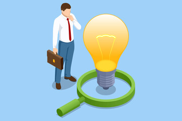Isometric magnifying glass and light bulb. Startup begins with the spark of an idea, like a light bulb, but success relies on business meetings, teamwork, and strategic handling of money
