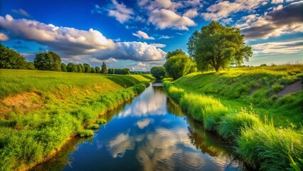Obraz premium Serene Landscape with a Meandering Drainage Ditch Surrounded by Lush Greenery and Blue Sky