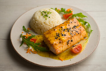 Baked salmon with orange sauce. Top view table with decoration.