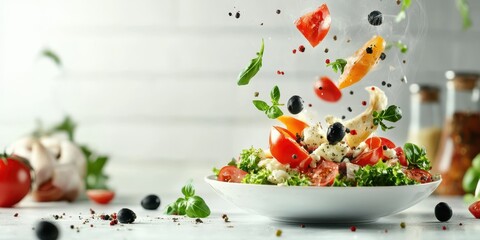 Fresh ingredients are flying above a delicious salad, showcasing vibrant colors and healthy flavors in a dynamic presentation.