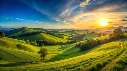 Serene Landscape with Rolling Hills, Lush Green Fields, and a Clear Blue Sky at Sunset Time