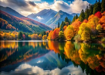 Serene landscape with vibrant autumn foliage reflecting on a calm lake surrounded by mountains