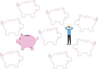Smart businessman decides business, finding new pig piggy bank. Investing money. Vector illustration concept.

