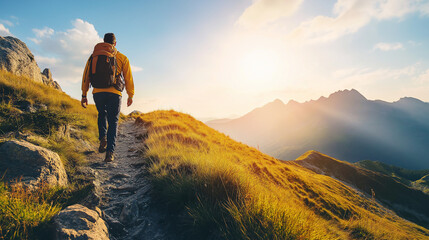 Man Hiking Along Mountain Trail at Sunrise with Backpack