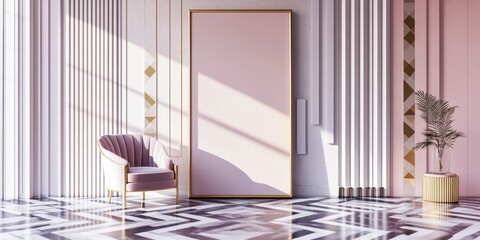 Stylish living room featuring a modern chair, elegant door, and geometric floor design with warm light pouring in.