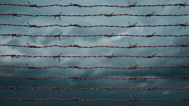A camera moving in front of a rusty barbed wire fortified security perimeter.
