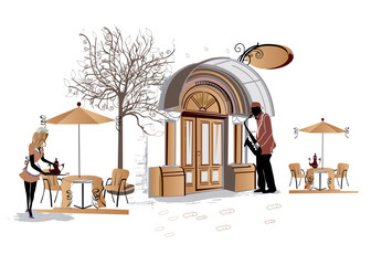 Series of the street cafes with fashion people, men and women, jazz musicians in the old city, vector illustration. Waiters serve the tables. 