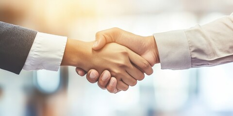 Two business professionals shaking hands to symbolize partnership and agreement in a corporate setting.