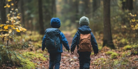 Fototapeta premium Two children walk hand in hand through a serene forest, exploring nature on an adventure together.