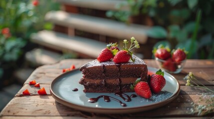 Delicious chocolate cake topped with fresh strawberries and drizzled with chocolate sauce