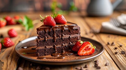 Delicious chocolate cake with fresh strawberries and chocolate sauce on a wooden table