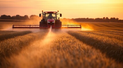 Obraz premium A large red tractor drives through a wheat field, releasing a fine mist of pesticide, ensuring crop protection.