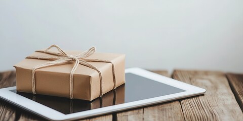 A beautifully wrapped gift sits on a sleek tablet device, symbolizing modern technology and thoughtful surprises.