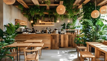 cafe in the city Design a sustainable, eco-friendly coffee shop with reclaimed wood furniture, recycled decor, and plenty of greenery. Use natural light and eco-conscious materials for a space