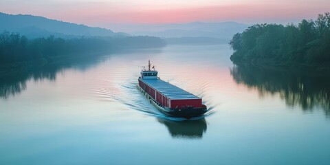 A cargo ship navigates a serene river at sunrise, surrounded by lush greenery and tranquil waters, showcasing peaceful transportation.