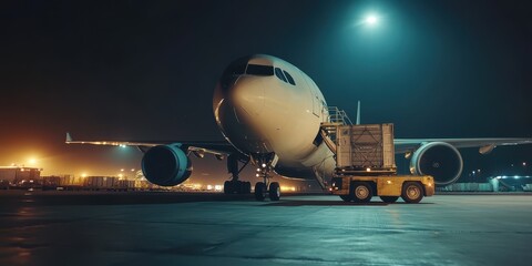 Fototapeta premium A cargo plane at night illuminated by lights, showcasing aviation logistics and airport operations in a vibrant urban environment.