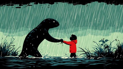 Kappa Creature Dragging Child Into Stormy River During Rainstorm