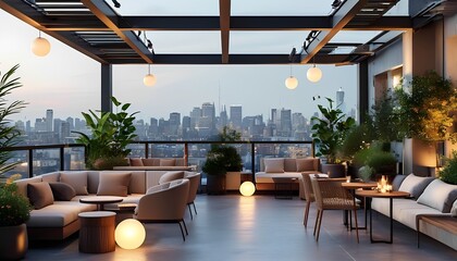 a stylish rooftop cafe with comfortable seating, minimalist decor, and panoramic views of the city. Use sleek outdoor furniture, plants in modern planters, and soft lighting