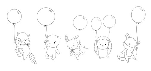 Outline cute animals with balloons. Line hand drawn illustrations set for coloring book