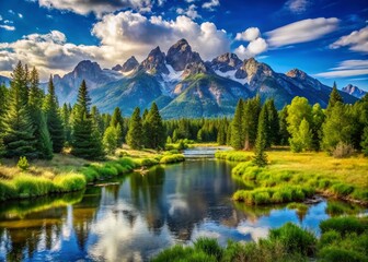 Serene National Park Landscape with Lush Green Forests and Majestic Mountains Under Clear Blue Sky