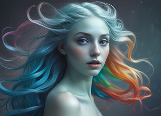 Fototapeta premium An image of a woman with flowing vibrant rainbow hair colors