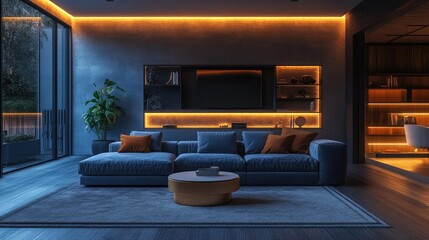Fototapeta premium Frontal view of a modern living room featuring holographic furniture seamlessly integrated with cozy, everyday touches, soft lighting