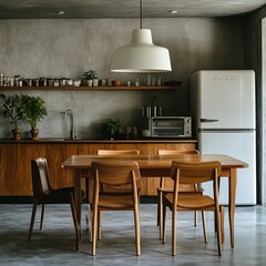 Dining table in interior of kitchen with fridge and counter