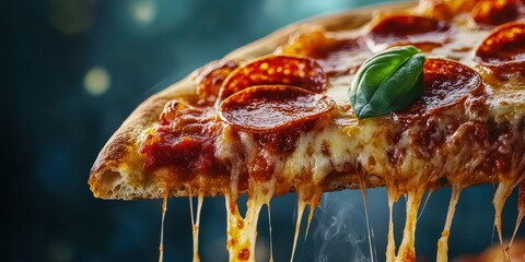 A delicious slice of pepperoni pizza, drizzled with melted cheese and fresh basil, perfect for food lovers.