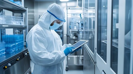 Scientist Evaluating Bioengineered Cell Cultures with Digital Tablet in Sterile Lab