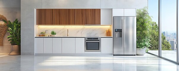 Frontal view of sleek, minimalist smart kitchen blending high-tech appliances with warm, inviting decor, vibrant colors